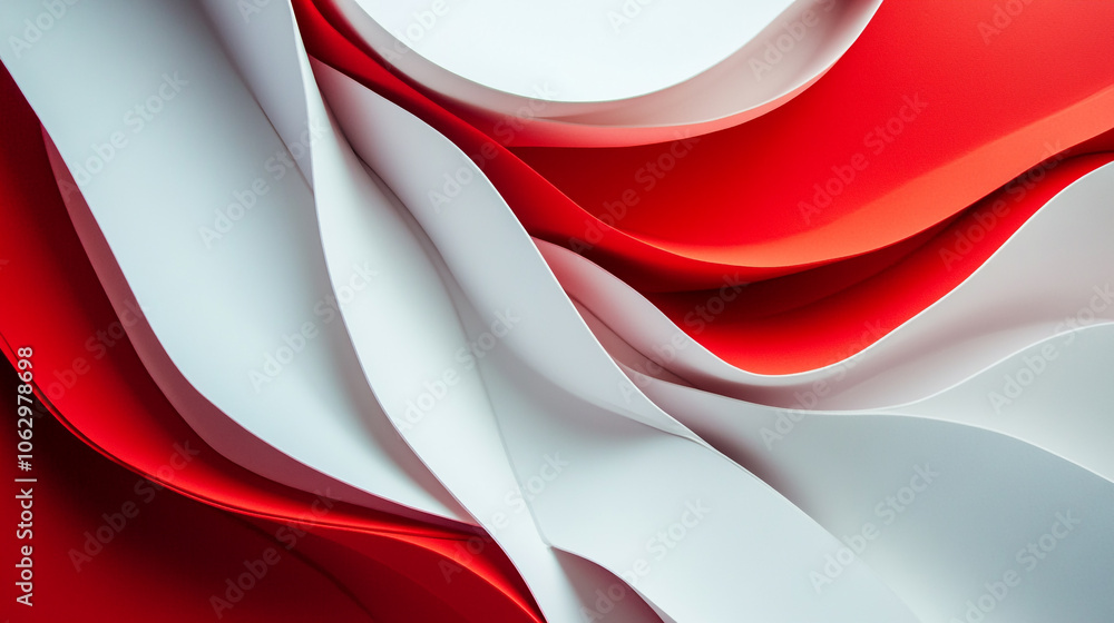 Poster elegant flowing red and white paper waves creating a striking abstract design