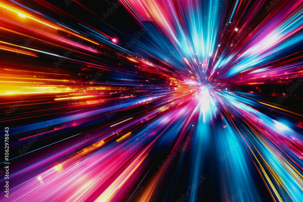 Poster explore a vibrant abstract digital composition featuring bright lines and light effects, creating a 