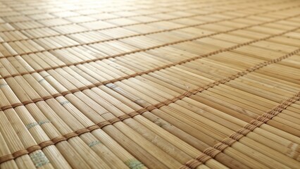 Woven bamboo rug with parallel strips in a mesh pattern.

