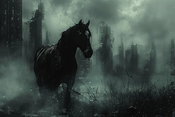 Obraz premium Majestic Black Horse Wanders Through Foggy, Post-Apocalyptic Landscape with Ruined Skyscrapers, Evoking a Sense of Mystery and Isolation