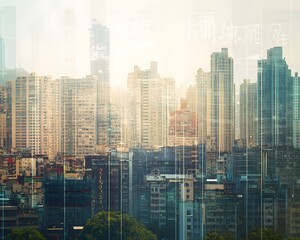 Obraz premium A vibrant city skyline showcasing modern architecture and urban life through a soft, dreamy haze effect.