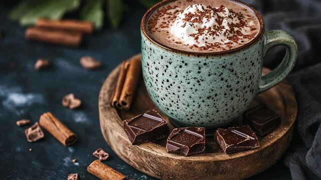 A cup of hot chocolate with whipped cream and chocolate shavings rests on a wooden coaster, surrounded by chocolate squares and cinnamon sticks