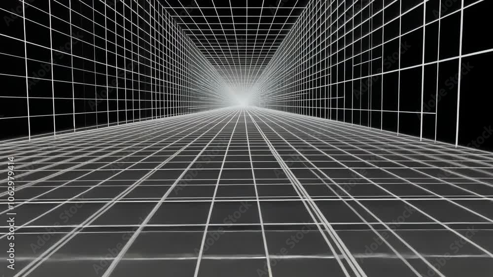 Poster a black and white image of a grid pattern stretching out into the distance, creating an illusion of 