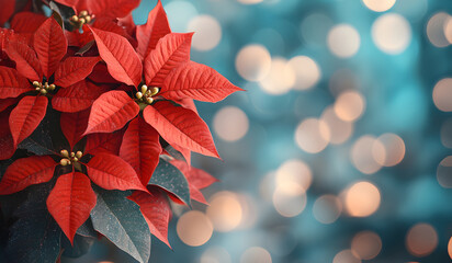 Vibrant poinsettia flowers against a sparkling festive background for Christmas. Generative AI.