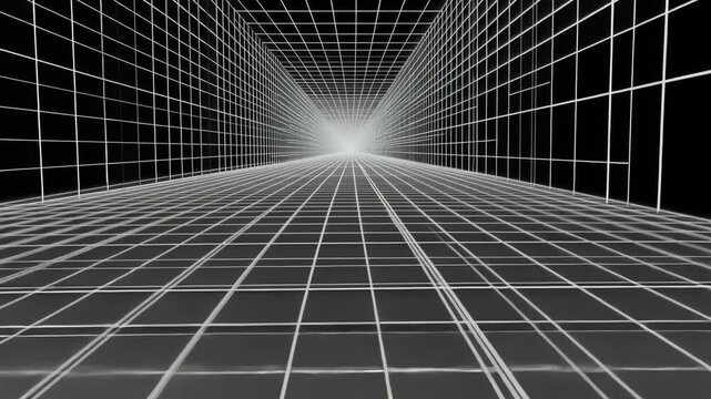 A black and white image of a grid pattern stretching out into the distance, creating an illusion of a long hallway or tunnel