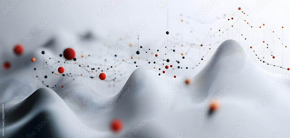 Poster abstract composition of flowing waves and floating spheres in a soft white background, conveying dep