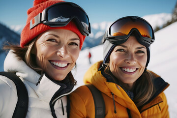Fototapeta premium Portrait of two skiing friends at the ski resort