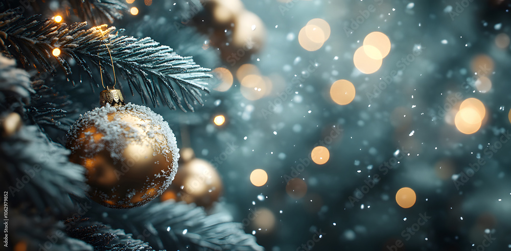 Poster close-up of frosty pine branches featuring sparkling ornaments and soft bokeh. generative ai.