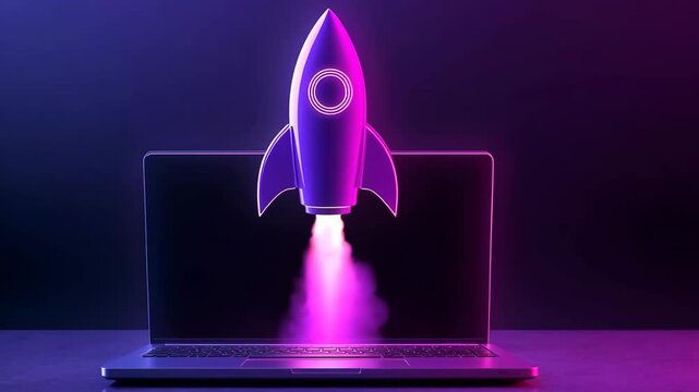 A purple and pink rocket launches from a laptop against a dark background, representing a successful business startup