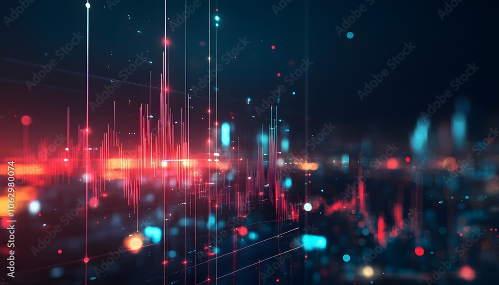 Poster abstract visualization of digital data flowing through a network, showcasing vibrant lines and glowi