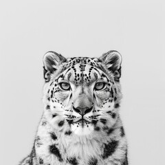 Majestic Snow Leopard Portrait: Close-Up of a Striking Big Cat Against a Minimalistic Background, Showcasing Its Unique Spots and Intense Gaze.
