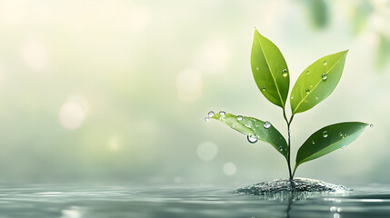 Fresh green plant with water droplets growing in calm water