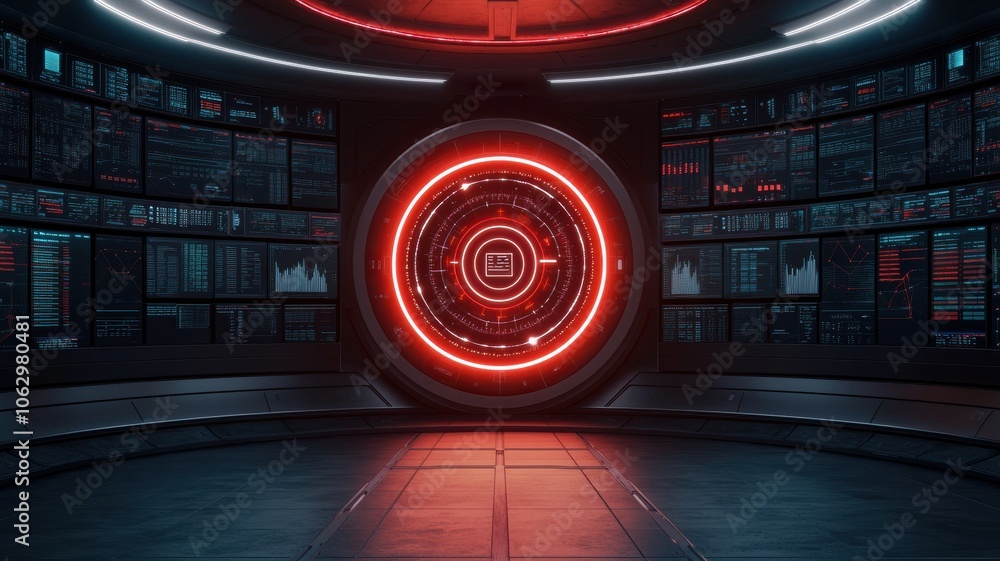 Poster a futuristic control room featuring a central glowing red circle and panels displaying high-tech dat