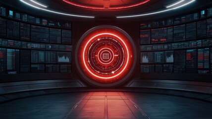 A futuristic control room featuring a central glowing red circle and panels displaying high-tech data.