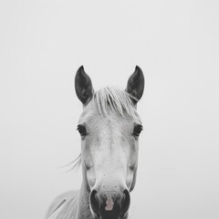 Majestic White Horse Portrait Against Soft Gray Background, Emphasizing Calmness and Serenity in Natures Simplicity