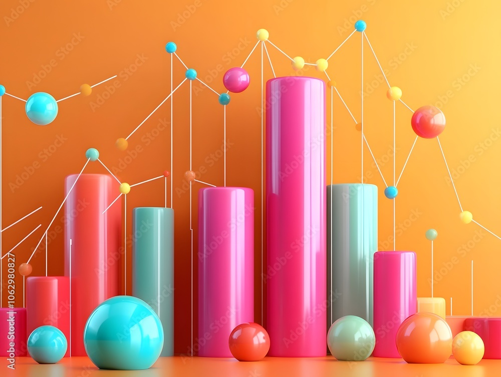 Poster colorful 3d graphs and spheres on an orange background, representing data analysis and presentation 
