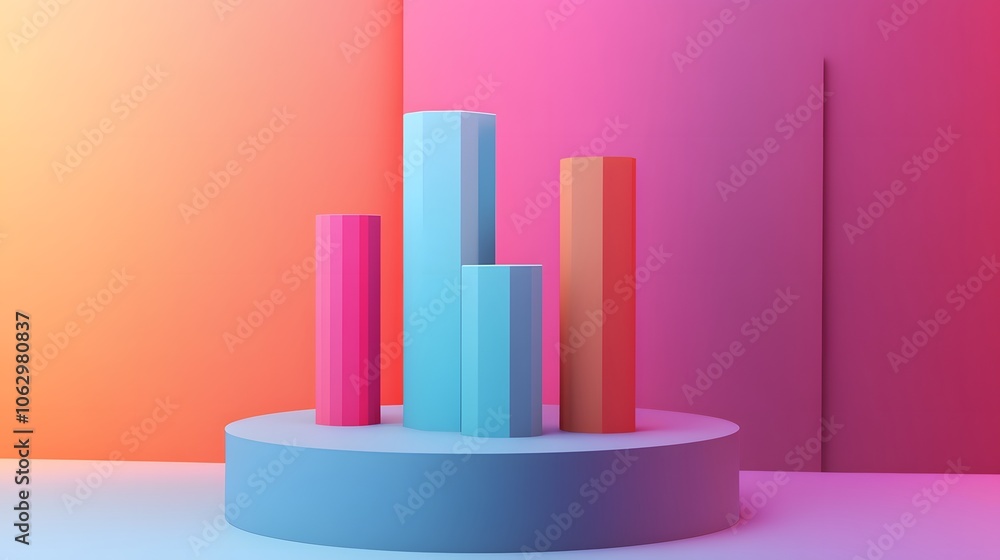 Poster colorful 3d bar graph on a circular platform against a vibrant gradient background, ideal for busine