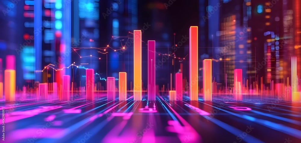 Poster colorful data visualization showcasing vibrant bar graphs against a futuristic digital backdrop, rep