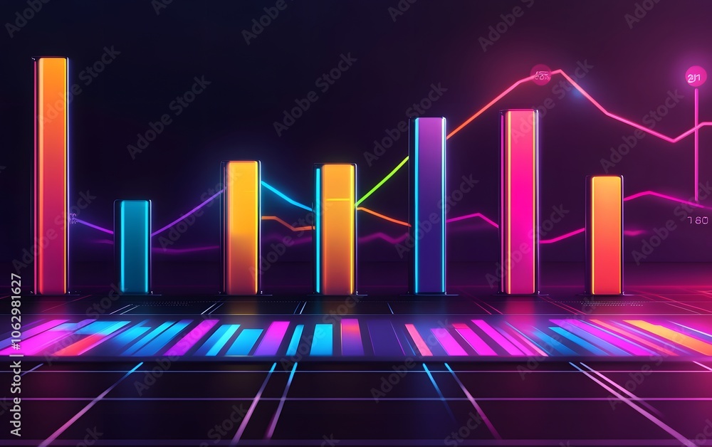 Poster dynamic digital graph showcasing vivid bars and lines, illustrating data trends in a vibrant and mod
