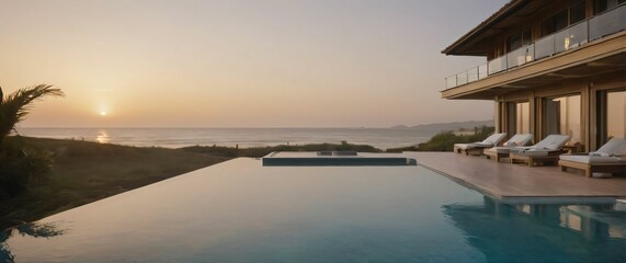 Fototapeta premium Luxury beach villa a private pool and ocean view at dawn