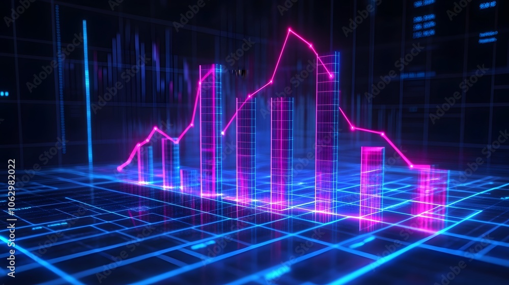 Poster futuristic data visualization with neon graphs representing analytics and growth on a digital grid b