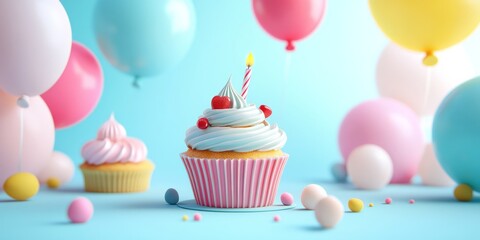 A cheerful birthday greeting with a cake, cupcake, and colorful balloons, perfect for a party invitation card.