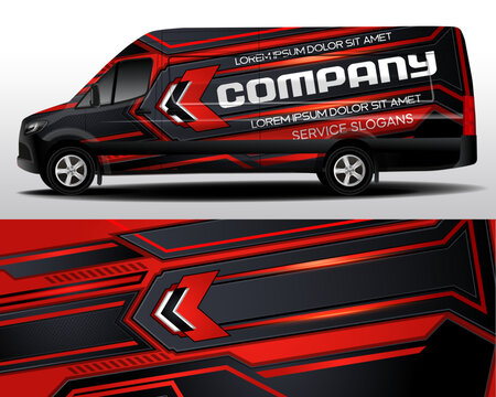 Car design development for the company. Vector design of delivery van. Car sticker. Black with red background for car vinyl sticker.