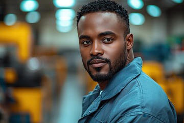 Fototapeta premium Confident worker in industrial setting with focused expression and stylish attire