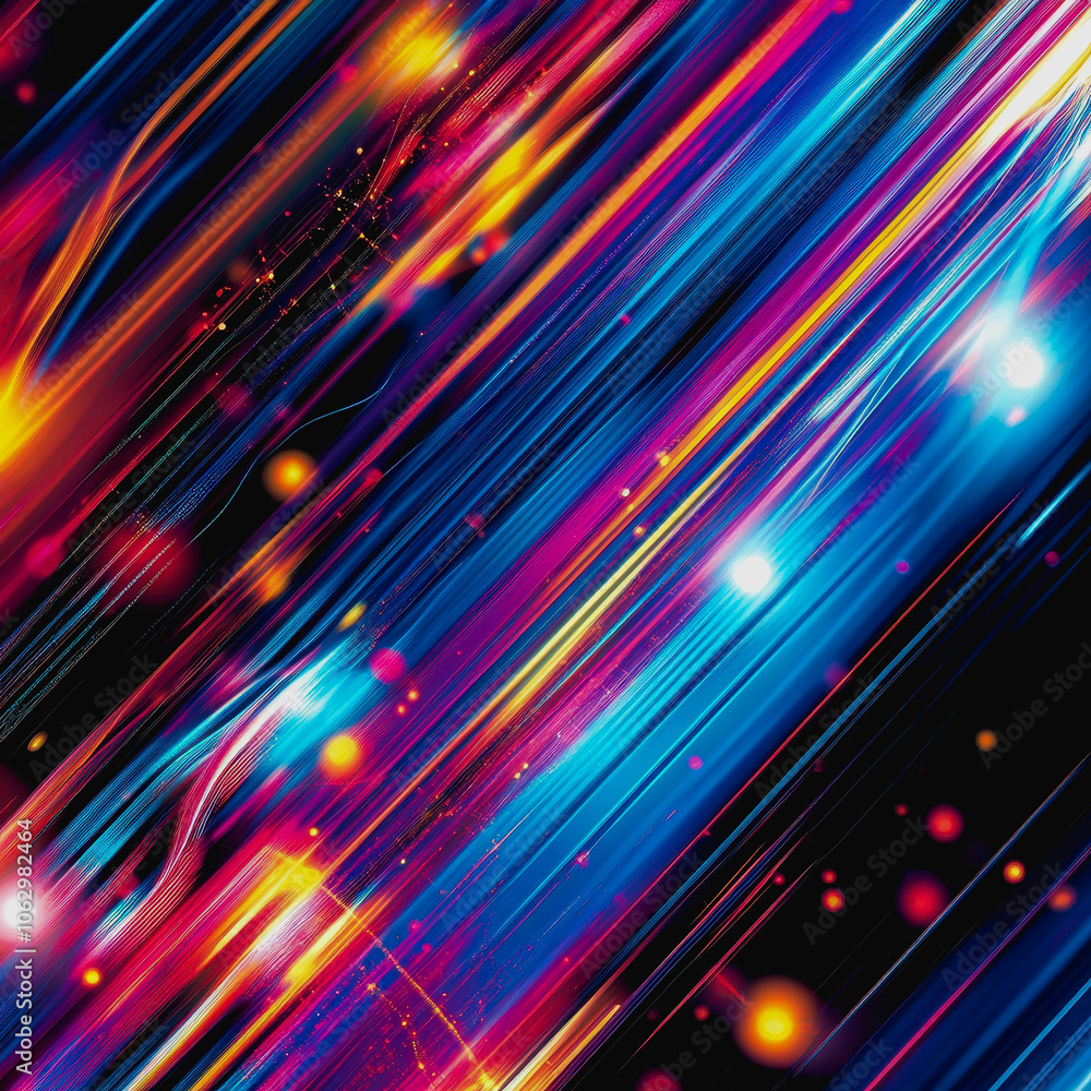Poster explore a vibrant abstract digital composition featuring colorful lines and energetic patterns, perf