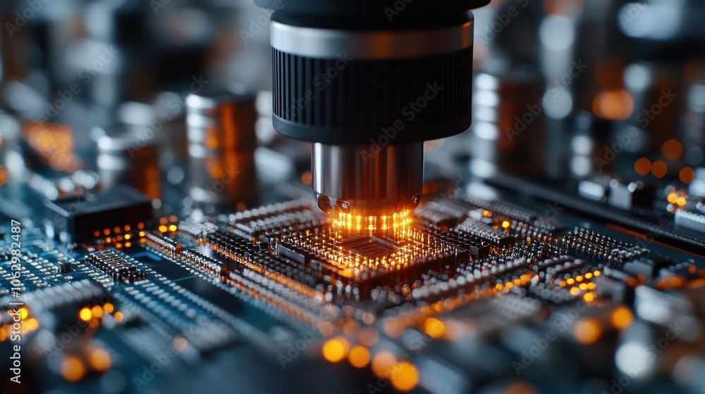 Poster close-up of a microchip being inspected with precision tools.