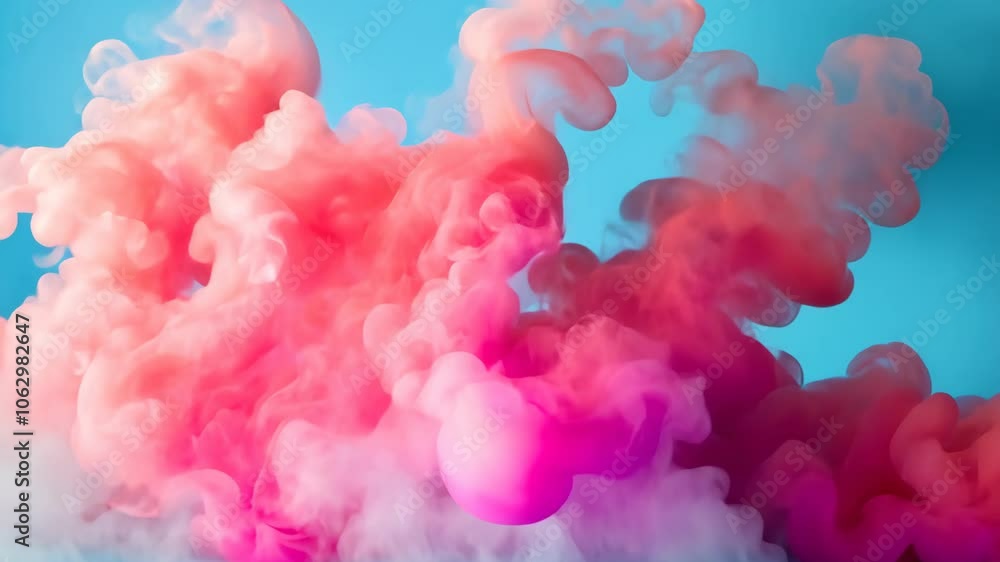 Poster pink and red ink swirls in a blue liquid, creating an abstract pattern
