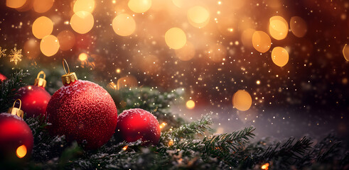 Festive Christmas background with red baubles and golden bokeh lights. Generative AI.