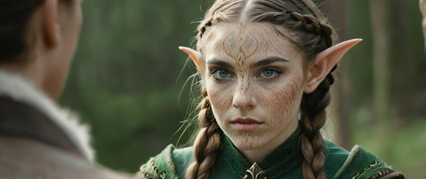 Close up of a young woman in fantasy elf attire pointed ears and braided hair