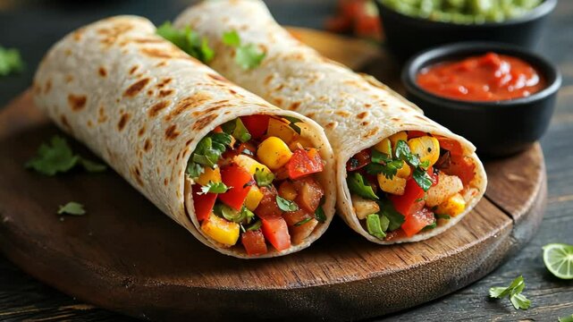 Two vegetarian burritos filled with corn, bell peppers, and cilantro are ready to eat on a wooden cutting board