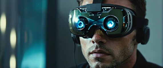 Close up of a man wearing a high tech VR headset holograms reflecting