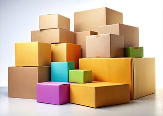 Fototapeta premium Stacked Cardboard Boxes of Varying Sizes on White Background for E-commerce and Shipping Concepts