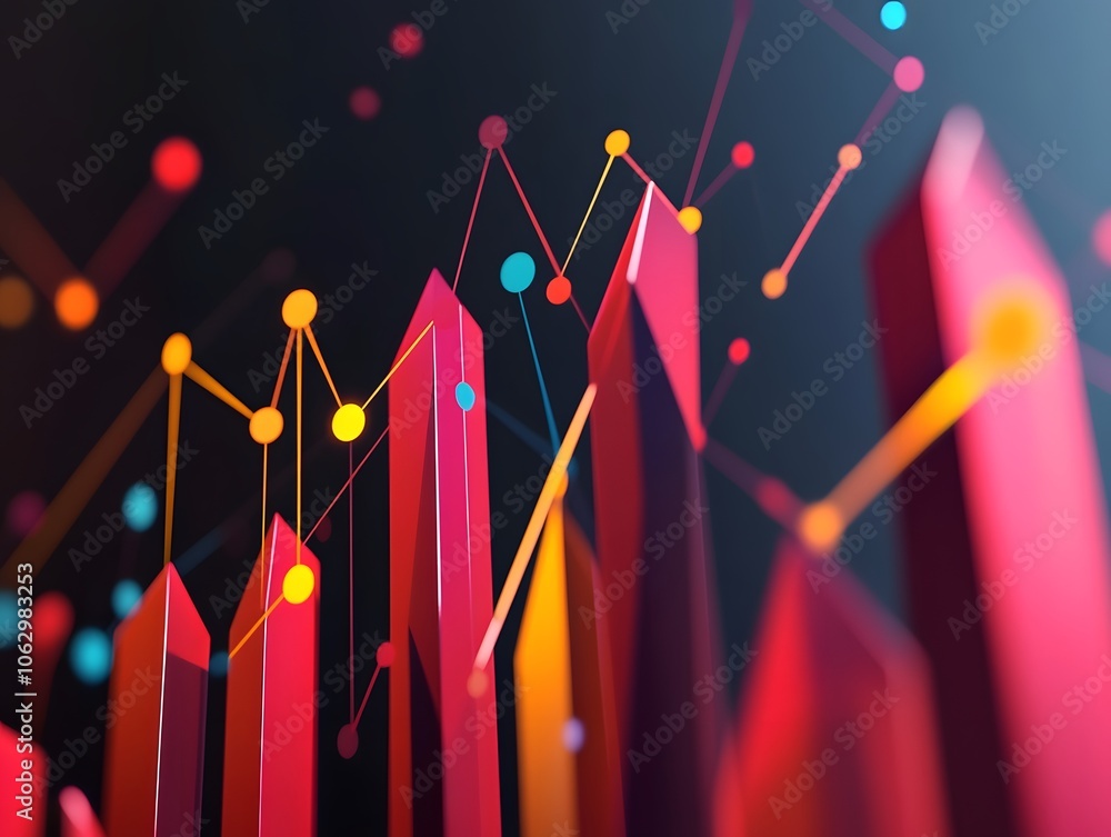 Poster vibrant and dynamic data visualization with colorful bars and connected points depicting growth and 