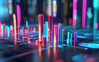 Vibrant bar graph visualization on a digital interface showcasing data trends and analytics with neon colors.