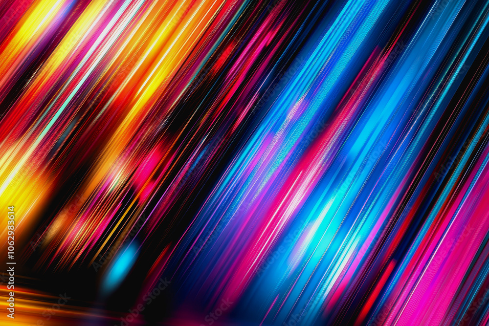 Poster colorful digital abstract composition features vibrant stripes and dynamic lighting, creating an ene