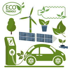 Green energy. Electric car near charging station, swindmills Eco friendly set vector illustration design