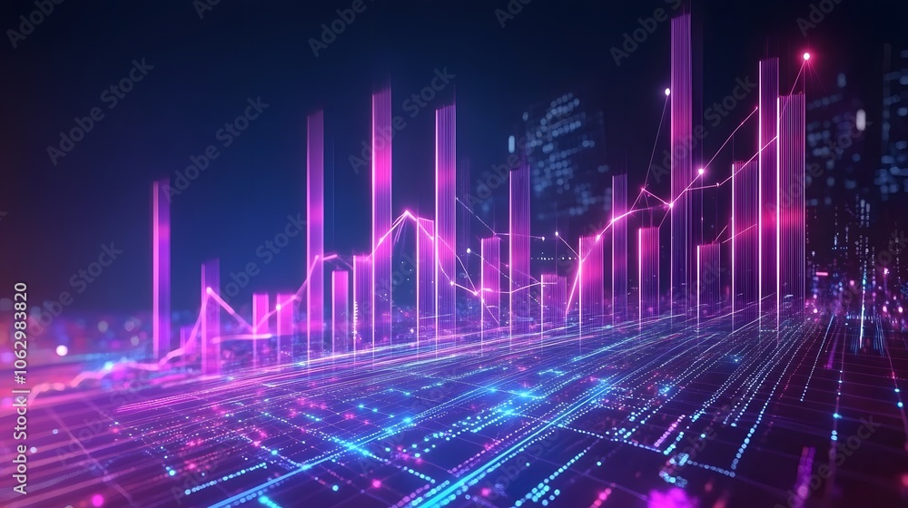 Poster vibrant neon data visualization with colorful graphs against a futuristic city background, represent