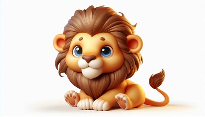Cute Cartoon Lion Cub Sitting on White Background
