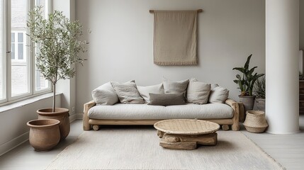 Bright, airy room with white walls and light wood furniture, showcasing Scandinavian minimalism with simplicity, natural elements, and soft lighting.