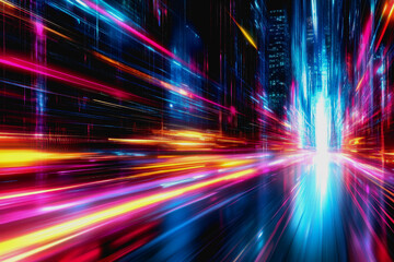 Fototapeta premium This vibrant abstract digital composition features a blend of bright colors and light trails, creating a dynamic visual experience ideal for modern design projects.