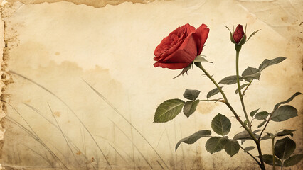 Naklejka premium Vintage style red rose with leaves on weathered paper background