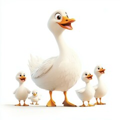 Happy cute mother goose and baby geese illustration on a white background