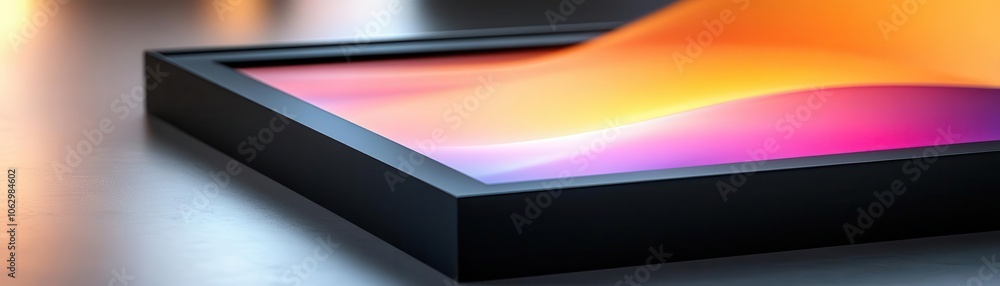 Poster a close-up view of a sleek tablet with a vibrant display, highlighting its modern design and sharp e