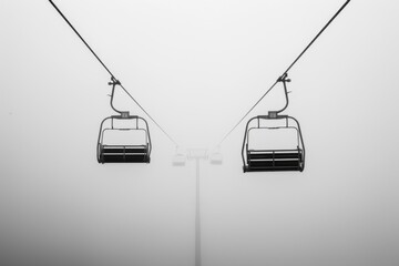 Misty Cable Car Chairs on a Snowy Mountain, Emphasizing Minimalism and Isolation in a Foggy Landscape, Perfect for Travel and Adventure Themes. - Powered by Adobe