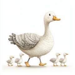 Obraz premium Happy cute mother goose and baby geese illustration on a white background