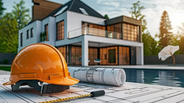 Dream Home Construction:  Blueprint, hardhat, and luxury house